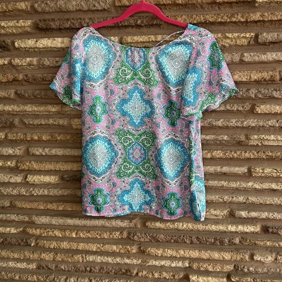 Talbots Colorful Paisley Bell Sleeve V Neck Back Top Size XS - Picture 4 of 10